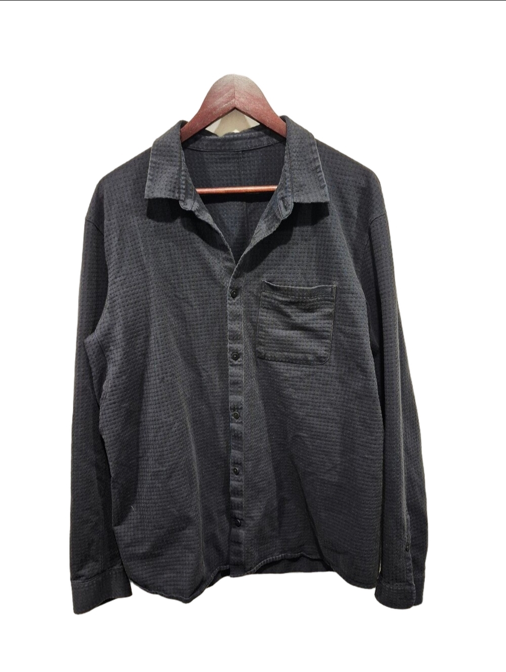 Lululemon Mens Waffle Knit Button Up Shirt Micro Check Houndstooth Navy Black